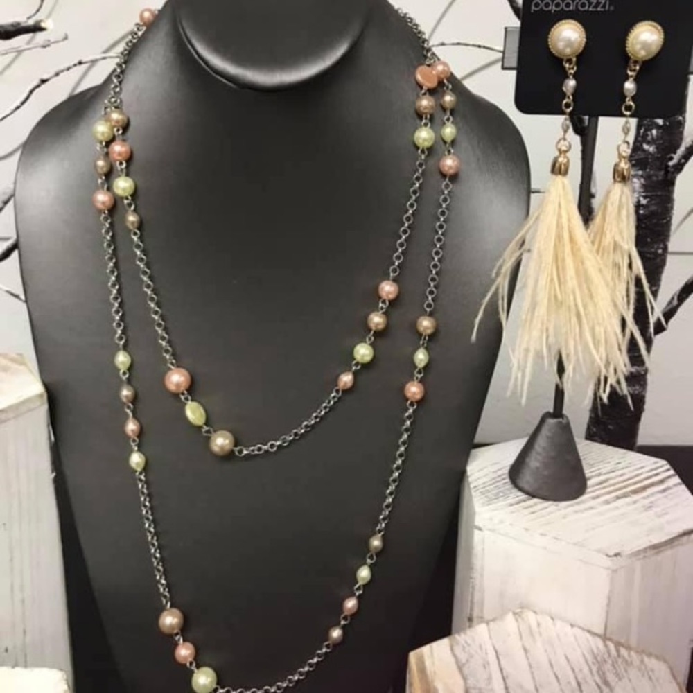 Paparazzi Peach and Green Necklace & Earring Set